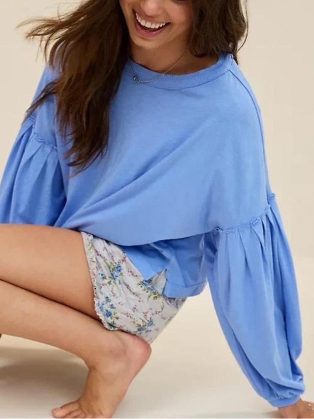 Aerie Slouchy White Balloon Sleeve Tunic Top